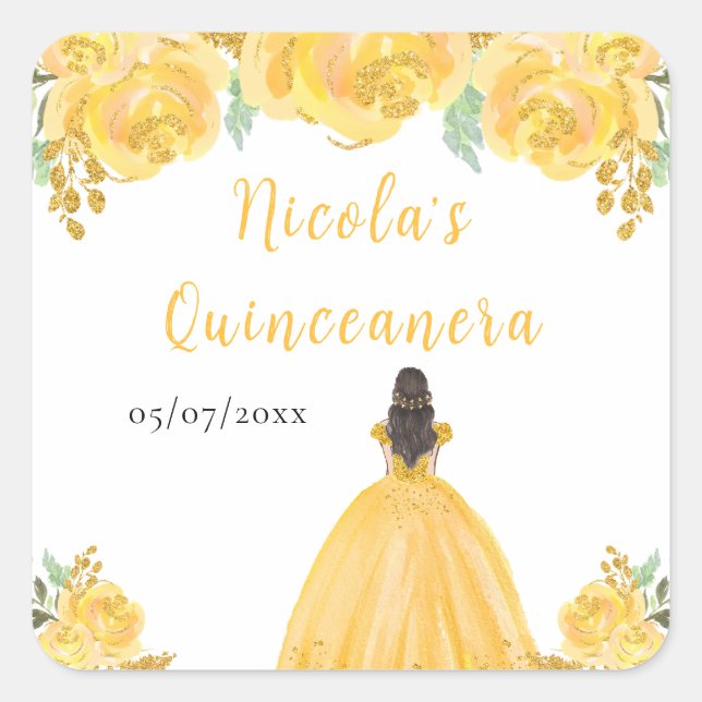 Brown Hair Princess Gold Floral Quinceanera Square Sticker (Front)