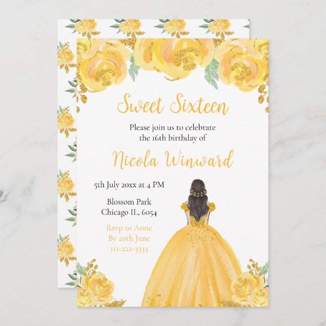 Brown Hair Princess Gold Floral Sweet Sixteen Invitation (Front/Back)