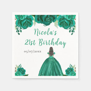 Brown Hair Princess Green Floral Birthday Party Napkin