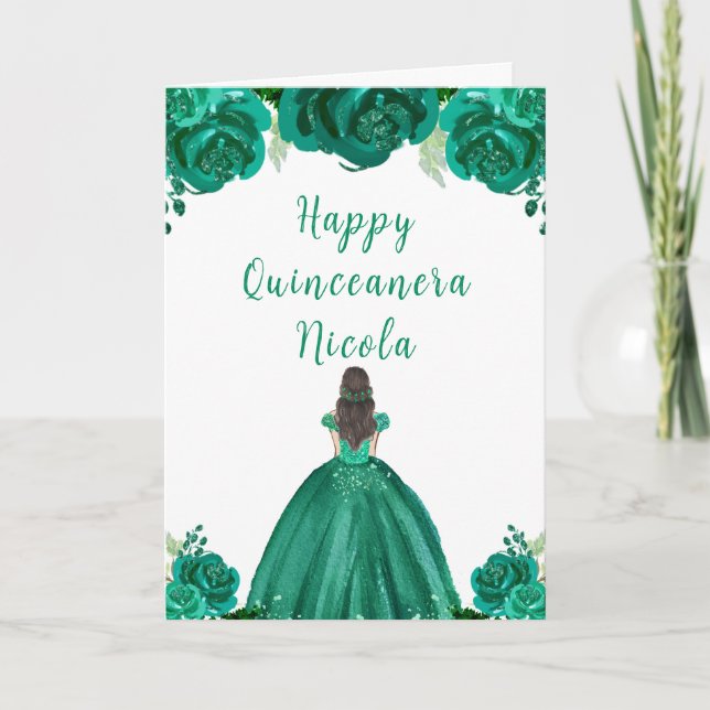 Brown Hair Princess Green Floral Quinceanera Card (Front)