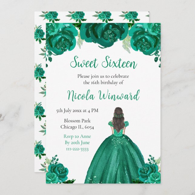 Brown Hair Princess Green Floral Sweet Sixteen Invitation (Front/Back)