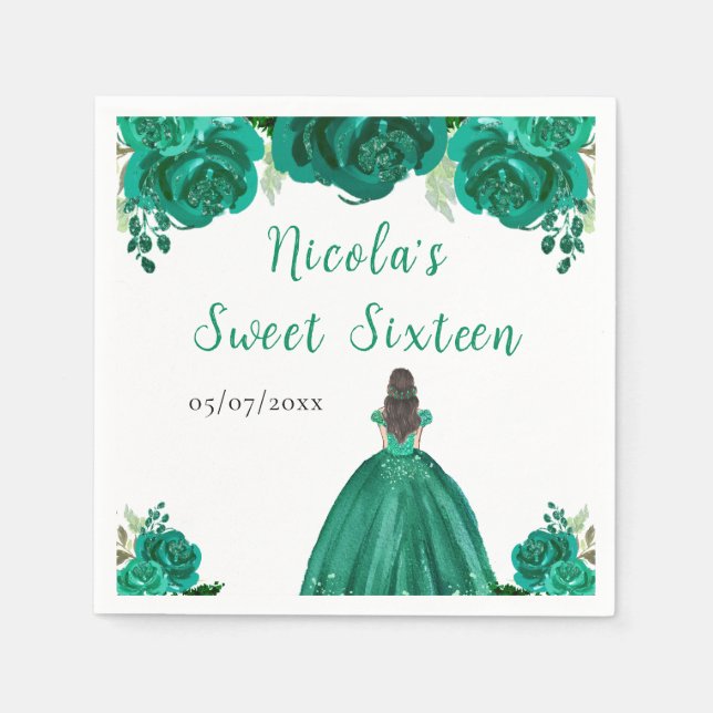 Brown Hair Princess Green Floral Sweet Sixteen  Napkin (Front)