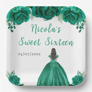 Brown Hair Princess Green Floral Sweet Sixteen Paper Plate