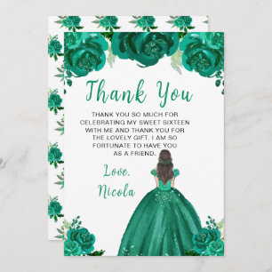 Brown Hair Princess Green Floral Sweet Sixteen Thank You Card