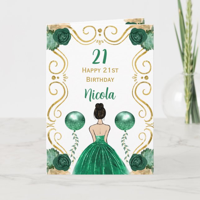 Brown Hair Princess Green Happy Birthday Card (Front)