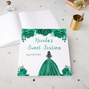 Brown Hair Princess Green Sweet Sixteen Guest Book