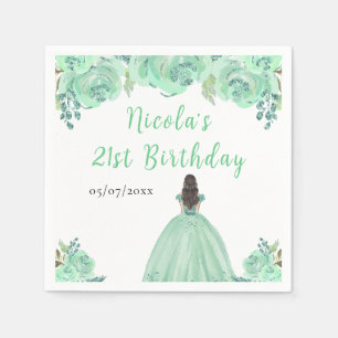 Brown Hair Princess Mint Floral Birthday Party Napkin