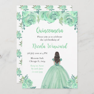 Brown Hair Princess Mint Floral Quinceanera Invitation