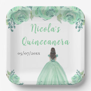 Brown Hair Princess Mint Floral Quinceanera Paper Plate