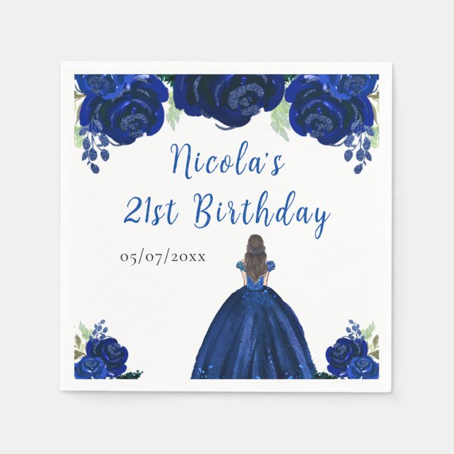 Brown Hair Princess Navy Floral Birthday Party Napkin (Front)