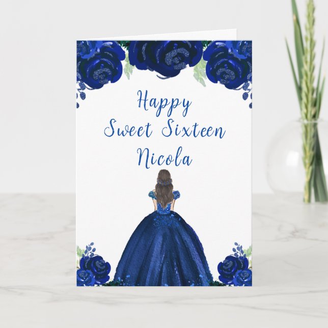 Brown Hair Princess Navy Floral Sweet Sixteen  Card (Front)