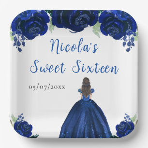 Brown Hair Princess Navy Floral Sweet Sixteen Paper Plate