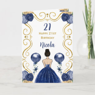 Brown Hair Princess Navy Happy Birthday Card