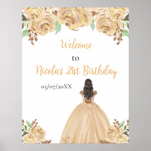 Brown Hair Princess Peach Floral Birthday Welcome Poster