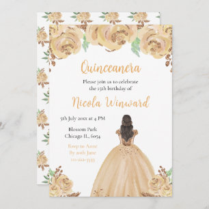 Brown Hair Princess Peach Floral Quinceanera Invitation