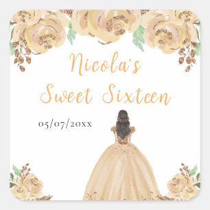 Brown Hair Princess Peach Floral Sweet Sixteen  Square Sticker