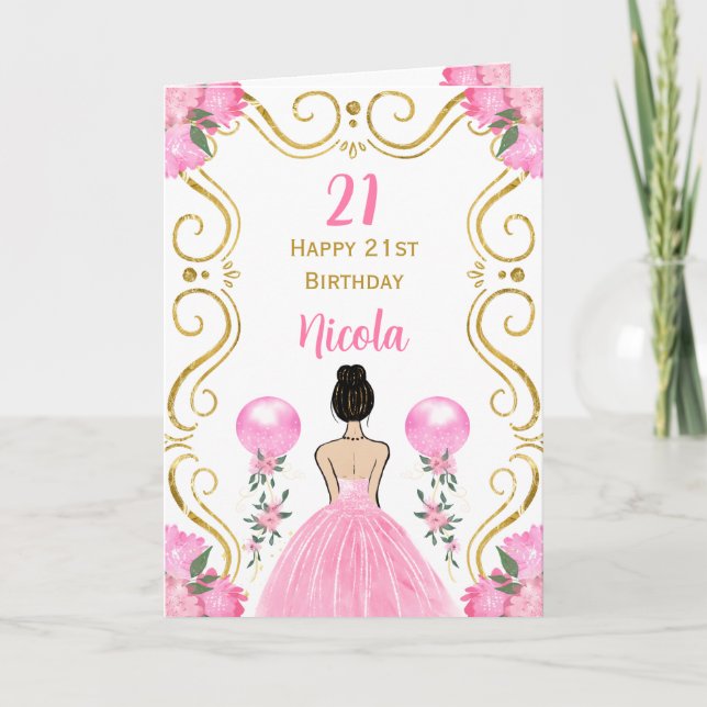 Brown Hair Princess Pink Happy Birthday Card (Front)