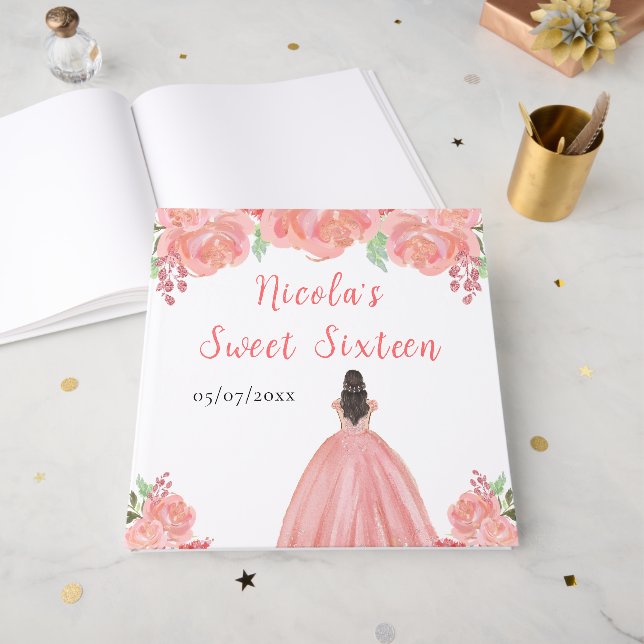 Brown Hair Princess Pink Sweet Sixteen Guest Book (Front Open)