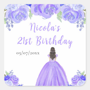 Brown Hair Princess Purple Floral Birthday Party Square Sticker