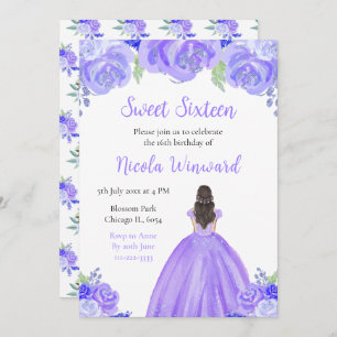 Brown Hair Princess Purple Floral Sweet Sixteen Invitation