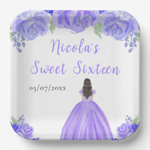 Brown Hair Princess Purple Floral Sweet Sixteen Paper Plate