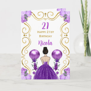 Brown Hair Princess Purple Happy Birthday Card