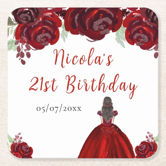 Brown Hair Princess Red Floral Birthday Square Paper Coaster (Front)