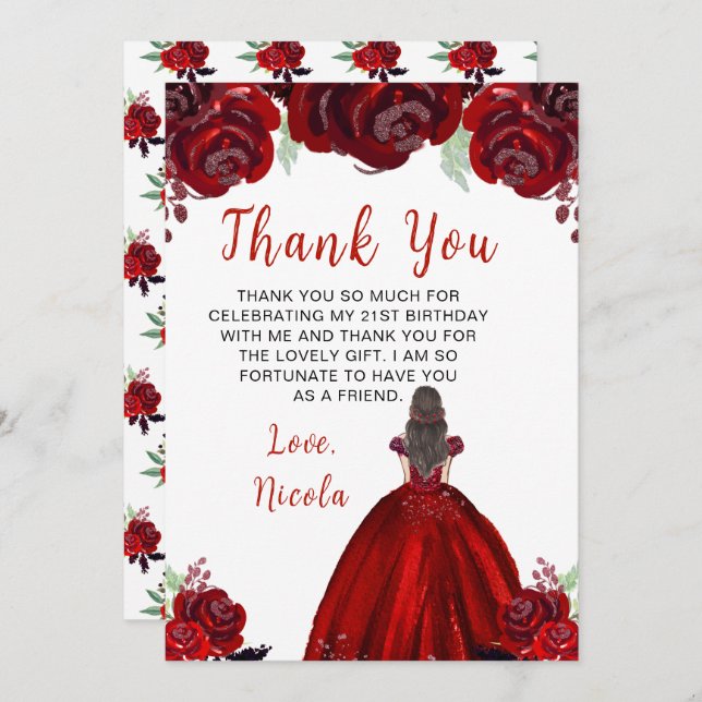 Brown Hair Princess Red Floral Birthday Thank You Card (Front/Back)