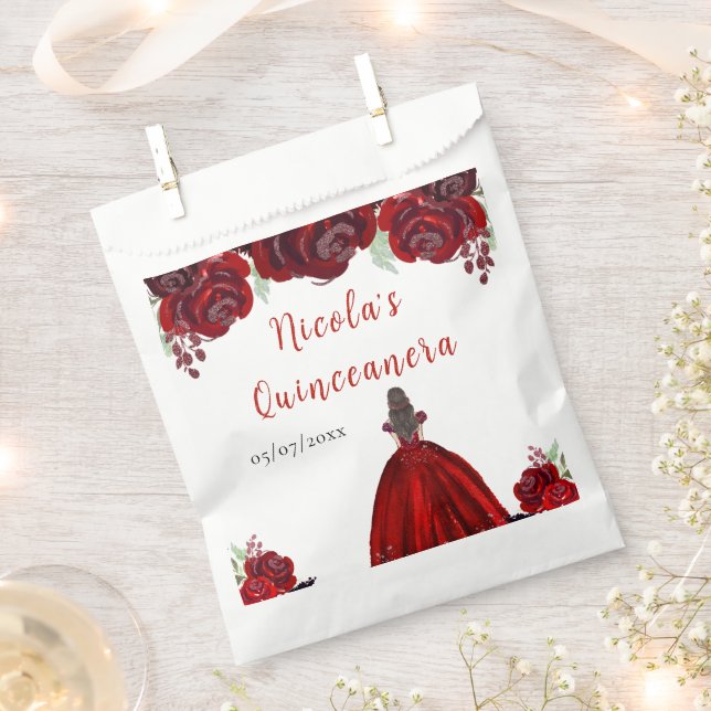 Brown Hair Princess Red Floral Quinceanera Favour Bags (Clipped)