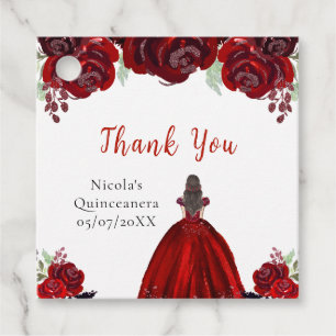Brown Hair Princess Red Floral Quinceanera Favour Tags