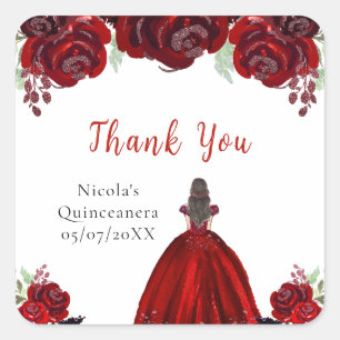 Brown Hair Princess Red Floral Quinceanera Square Sticker