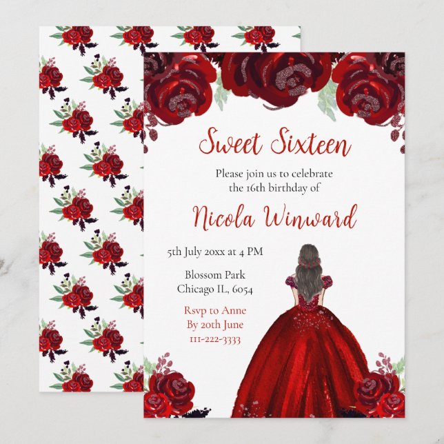 Brown Hair Princess Red Floral Sweet Sixteen Invitation (Front/Back)