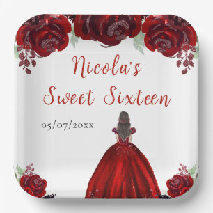 Brown Hair Princess Red Floral Sweet Sixteen  Paper Plate