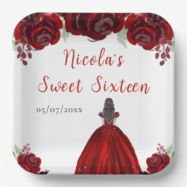 Brown Hair Princess Red Floral Sweet Sixteen  Paper Plate (Front)