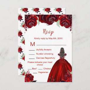 Brown Hair Princess Red Floral Sweet Sixteen RSVP Card