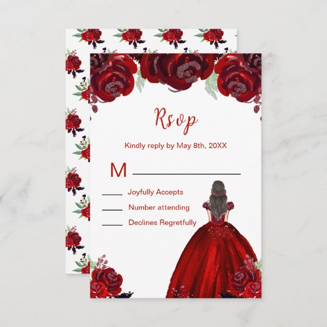 Brown Hair Princess Red Floral Sweet Sixteen  RSVP Card (Front/Back)