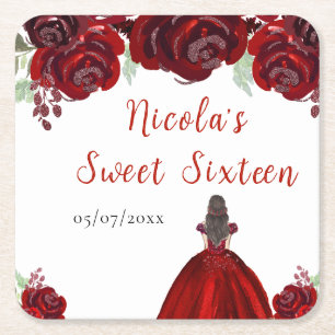 Brown Hair Princess Red Floral Sweet Sixteen Square Paper Coaster