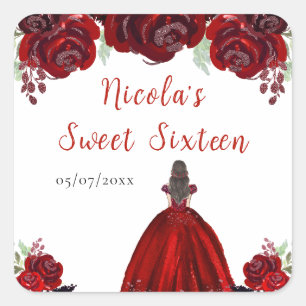 Brown Hair Princess Red Floral Sweet Sixteen  Square Sticker