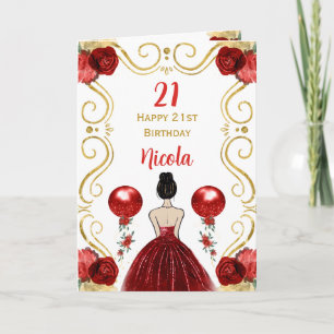 Brown Hair Princess Red Happy Birthday Card