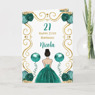 Brown Hair Princess Teal Happy Birthday Card