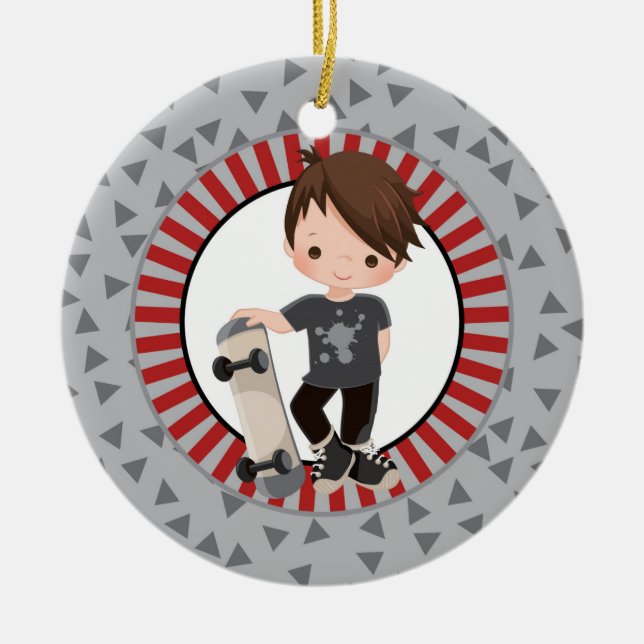 Brown Hair Skateboard Boy - Grey Red Ceramic Tree Decoration (Front)