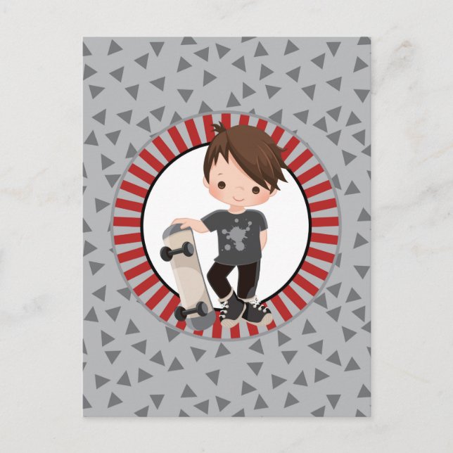 Brown Hair Skateboard Boy - Grey Red Postcard (Front)