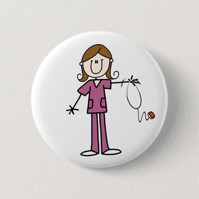 Brown Hair Stick Figure Nurse  Button (Front)