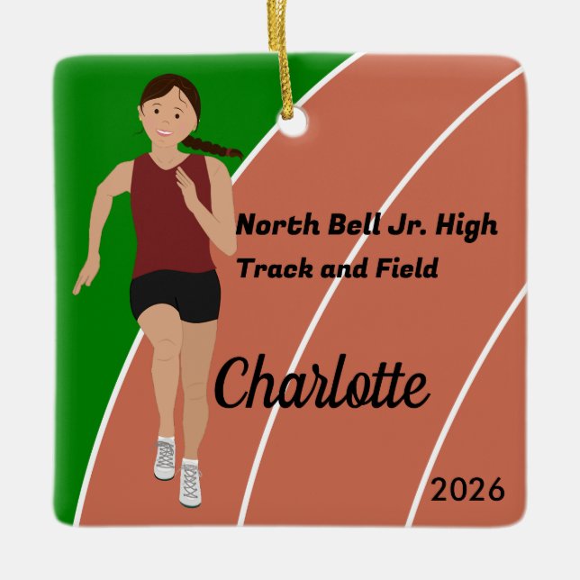 Brown Hair Track and Field Girl in Maroon Black Ceramic Ornament (Front)