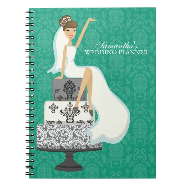 Brown Haired Bride on Wedding Cake {emerald} Spiral Notebook (Front)