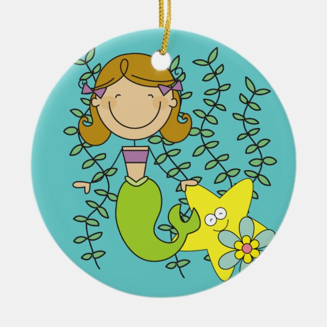 Brown Haired Mermaid Ceramic Tree Decoration (Front)