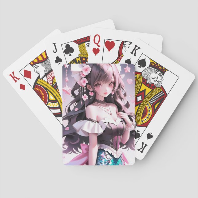 Brown Haired Mermaid With Pink Flowers in Her Hair Playing Cards (Back)