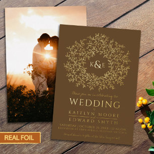 Brown hand drawn leaf monogram art gold wedding