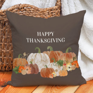 Brown Happy Thanksgiving Orange White Pumpkins Cushion