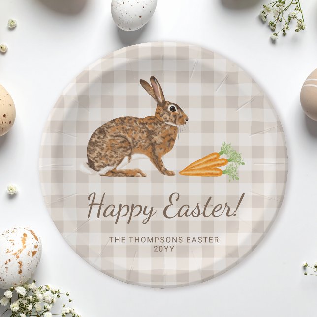 Brown Hare And Carrots Happy Easter Beige Gingham Paper Plate (Creator Uploaded)